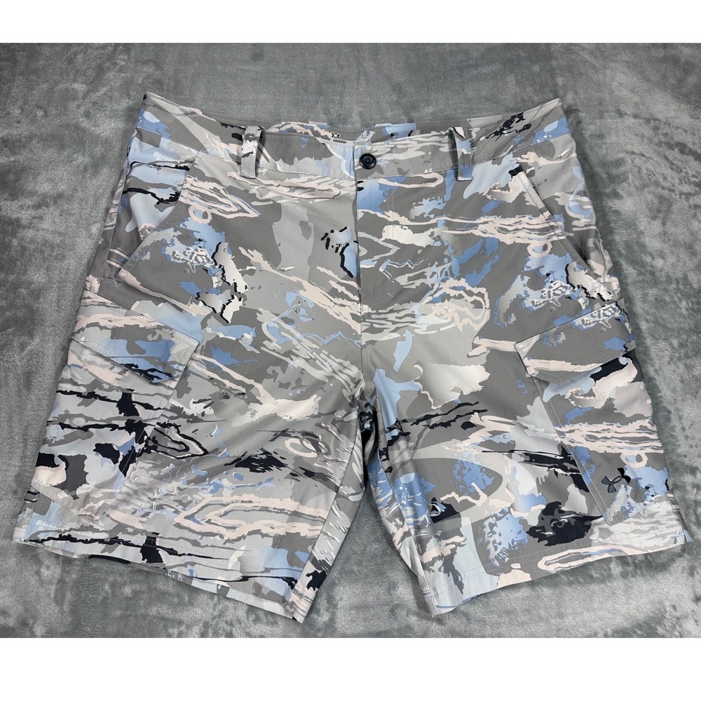 Under Armour Mens HeatGear Cargo Shorts Blue Grey Tiger Camo Size 40 Loose Fit